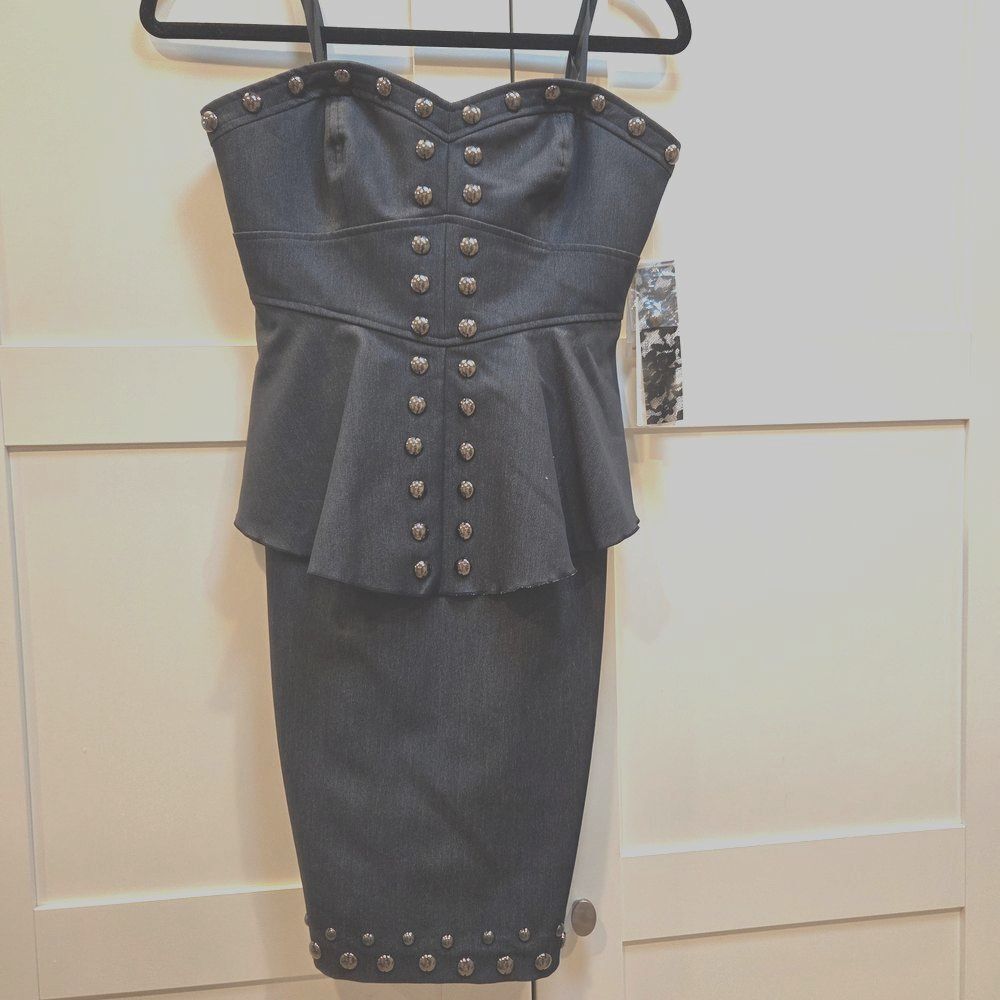 NWT Kensie Dresses Women's Black Mini Dress Studs Peplum Strapless Biker Size 6